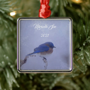 Bluebird in Snowy Winter Trees - Holiday Metal Ornament