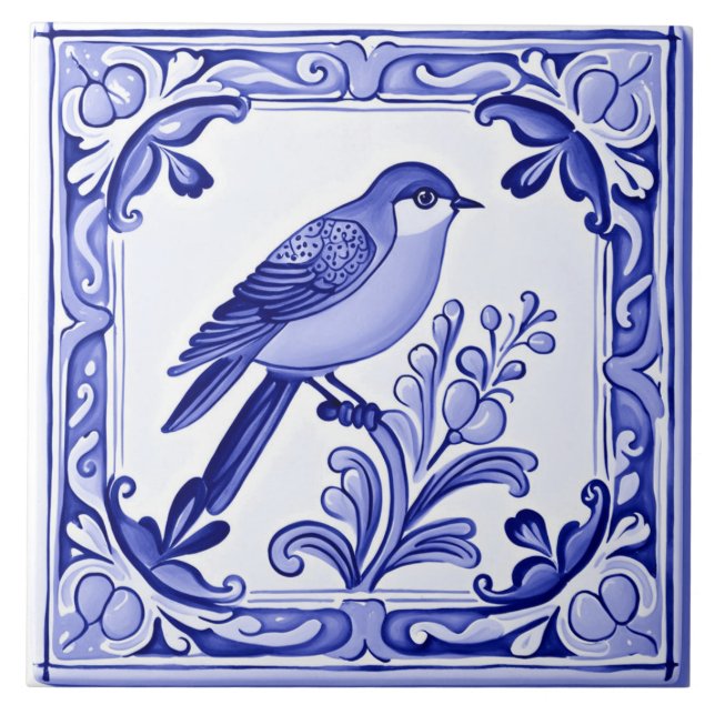 Bluebird Mediterranean Blue Bird Folk Animal Tile (Front)