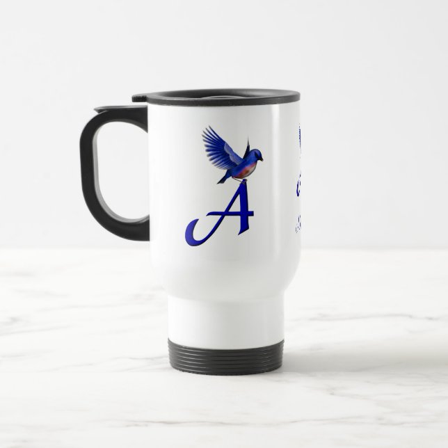 Bluebird Monogram Initial A Elegant Personalized Travel Mug (Left)
