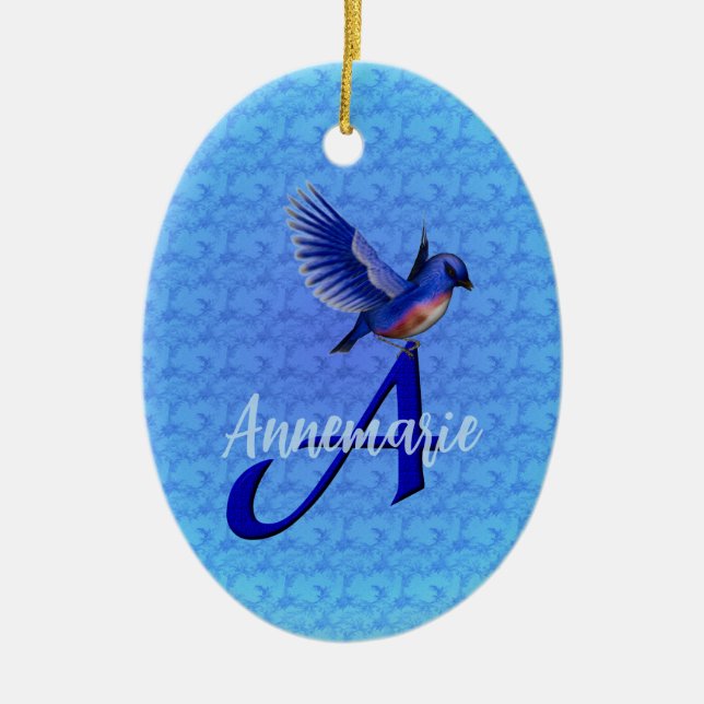 Bluebird Monogram Initial A Personalized Ceramic Ornament (Front)