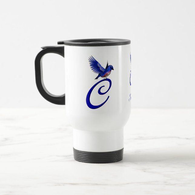 Bluebird Monogram Initial C Elegant Personalized Travel Mug (Left)