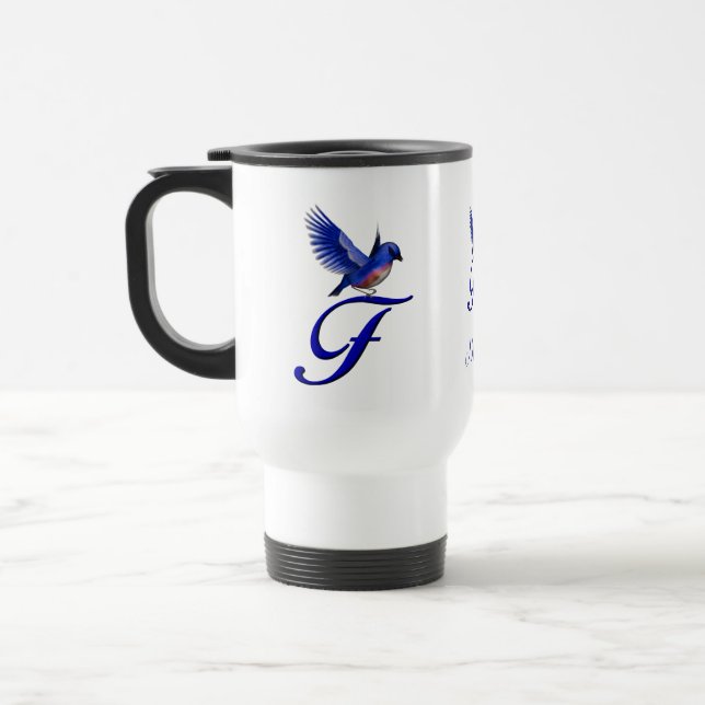 Bluebird Monogram Initial F Elegant Personalized Travel Mug (Left)