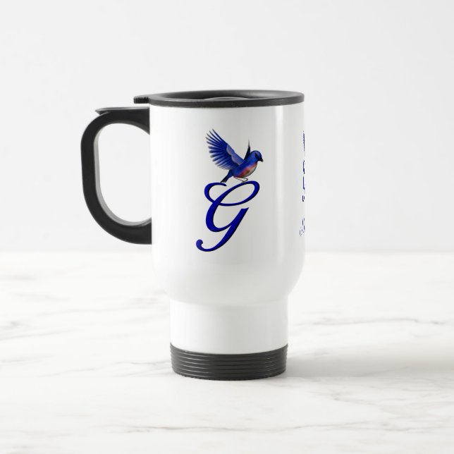 Bluebird Monogram Initial G Elegant Personalized Travel Mug (Left)