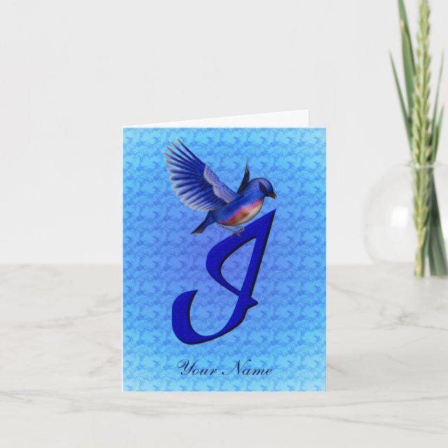 Bluebird Monogram Initial I Personalized Note Card (Front)