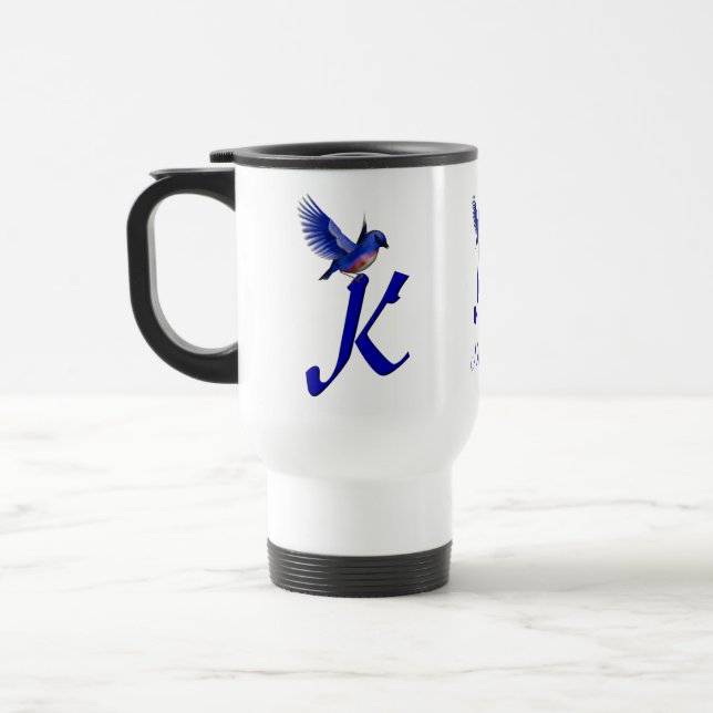 Bluebird Monogram Initial K Elegant Personalized Travel Mug (Left)