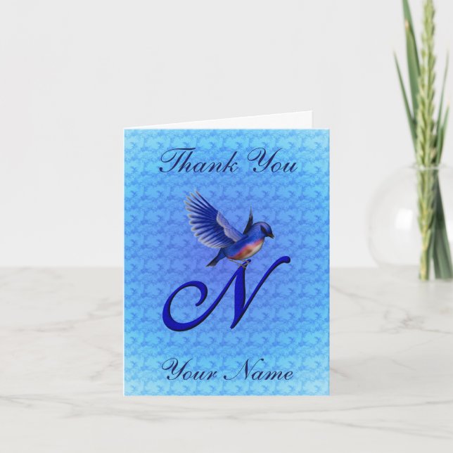 Bluebird Monogram Initial N Personalized Thank You Card (Front)