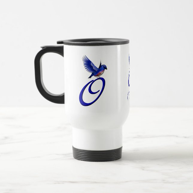 Bluebird Monogram Initial O Elegant Personalized Travel Mug (Left)