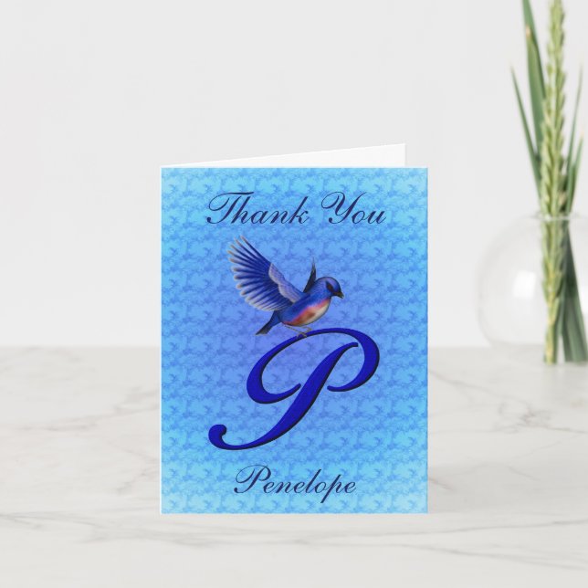 Bluebird Monogram Initial P Personalized Thank You Card (Front)
