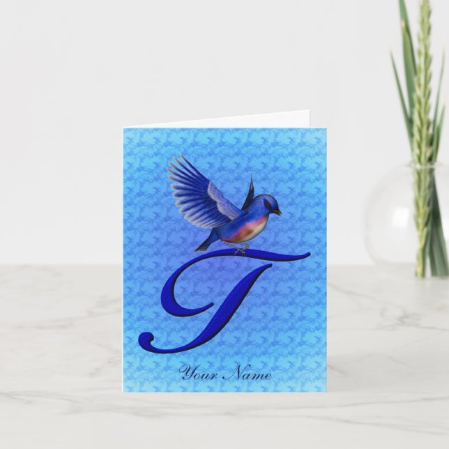 Bluebird Monogram Initial T Personalized Note Card (Front)