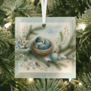 Bluebird Nest with Ornaments in Winter Pines