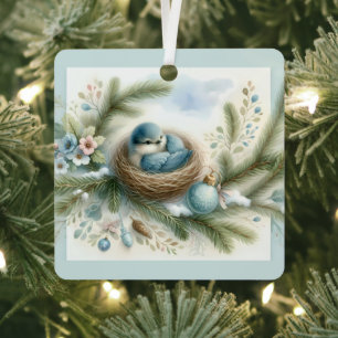 Bluebird Nest with Ornaments in Winter Pines
