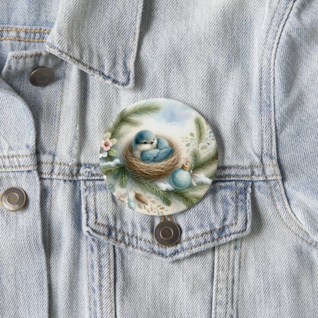 Bluebird Nest with Ornaments in Winter Pines 3 Inch Round Button (In Situ)