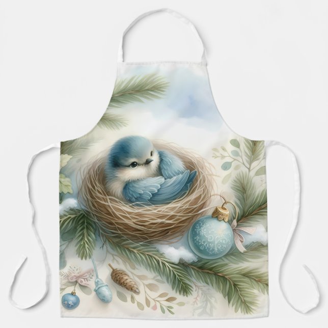 Bluebird Nest with Ornaments in Winter Pines Apron (Front)