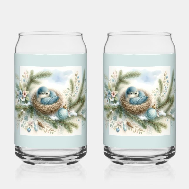 Bluebird Nest with Ornaments in Winter Pines  Can Glass (Front)