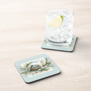 Bluebird Nest with Ornaments in Winter Pines Coaster