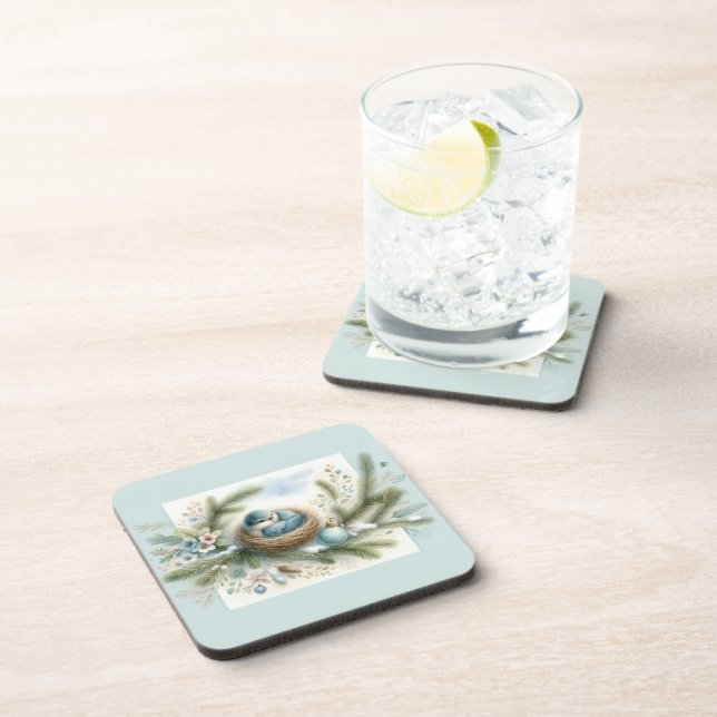 Bluebird Nest with Ornaments in Winter Pines Coaster (Right Side)