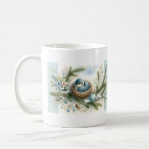 Bluebird Nest with Ornaments in Winter Pines Coffee Mug