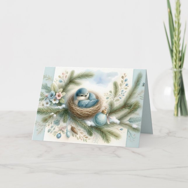 Bluebird Nest with Ornaments in Winter Pines Holiday Card (Front)