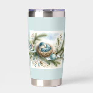 Bluebird Nest with Ornaments in Winter Pines  Insulated Tumbler
