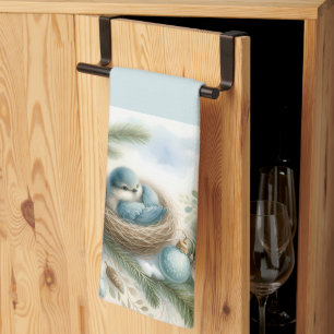 Bluebird Nest with Ornaments in Winter Pines Kitchen Towel