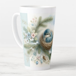 Bluebird Nest with Ornaments in Winter Pines  Latte Mug