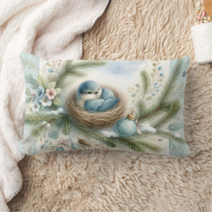 Bluebird Nest with Ornaments in Winter Pines Lumbar Pillow
