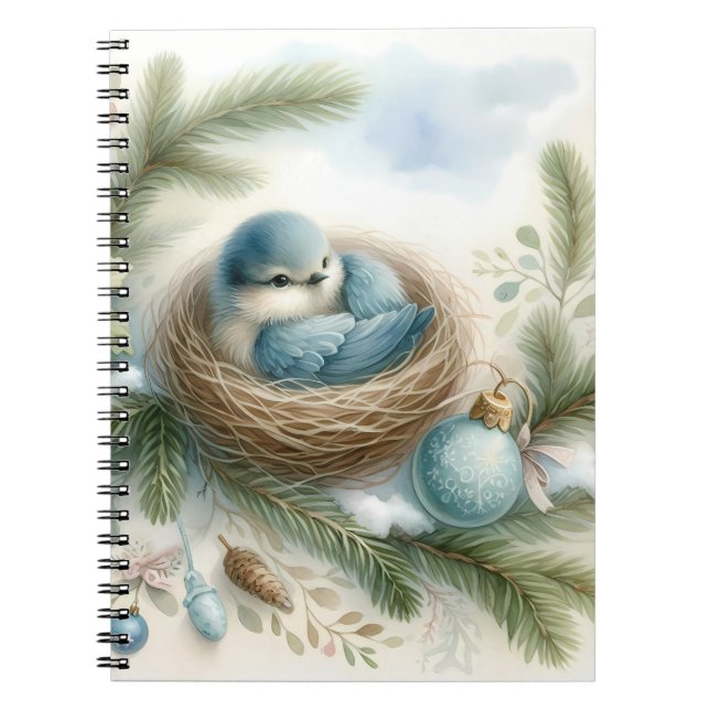 Bluebird Nest with Ornaments in Winter Pines  Notebook (Front)