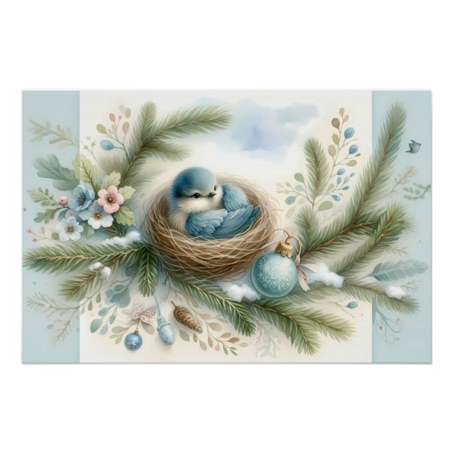 Bluebird Nest with Ornaments in Winter Pines Poster (Front)