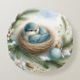 Bluebird Nest with Ornaments in Winter Pines Round Pillow