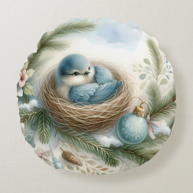 Bluebird Nest with Ornaments in Winter Pines Round Pillow (Front)