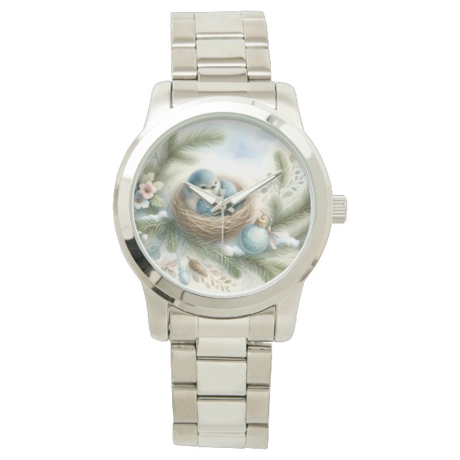 Bluebird Nest with Ornaments in Winter Pines Watch (Front)