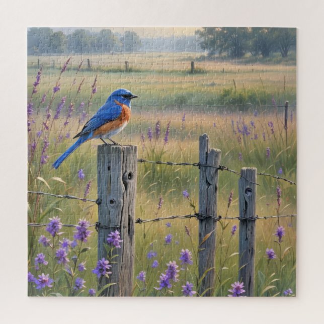 Bluebird On A Fence Post Jigsaw Puzzle (Vertical)
