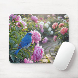 Bluebird On a Pink Peony Mouse Pad