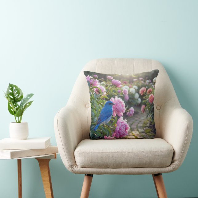 Bluebird On a Pink Peony Throw Pillow (Chair)