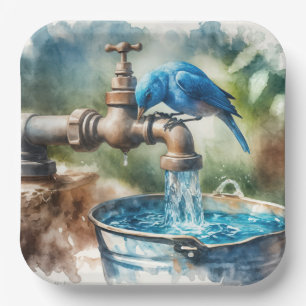 Bluebird On an Old Faucet Paper Plate