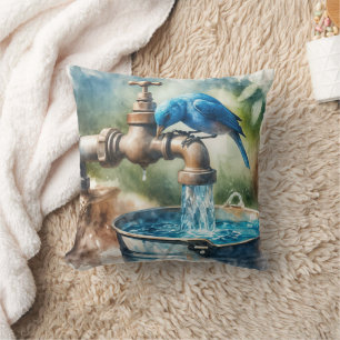 Bluebird On an Old Faucet Throw Pillow