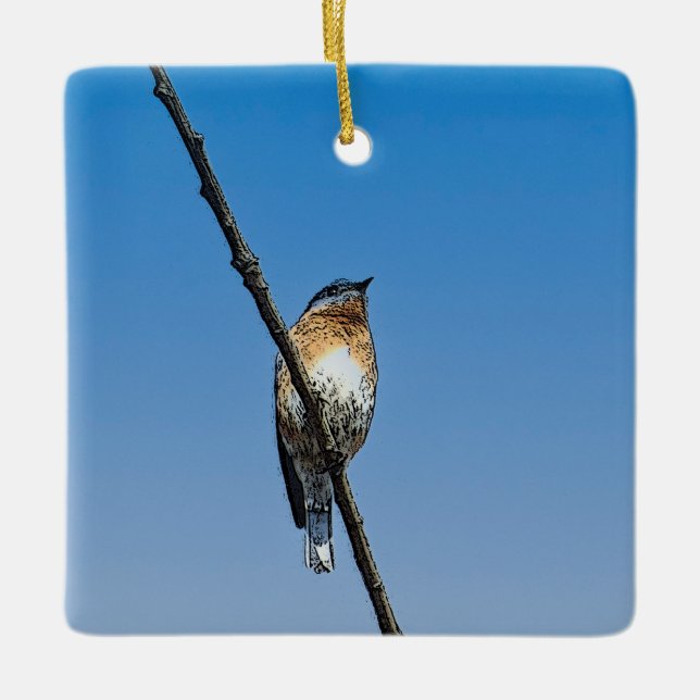 Bluebird on branch ceramic ornament (Front)