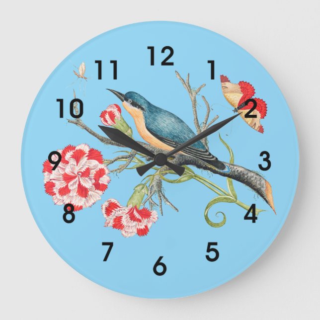 Bluebird on carnations large clock (Front)