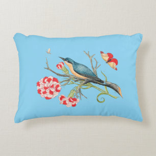 Bluebird on carnations, vintage illustration, accent pillow