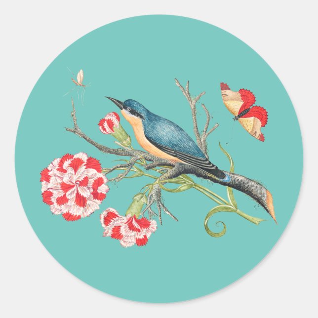 Bluebird on carnations, vintage illustration, classic round sticker (Front)