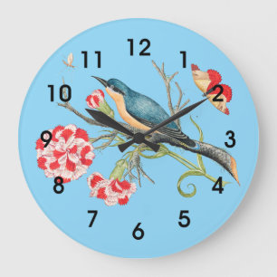 Bluebird on carnations, vintage illustration, large clock