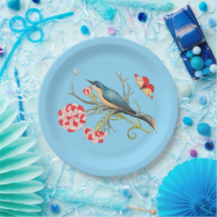 Bluebird on carnations, vintage illustration, paper plate