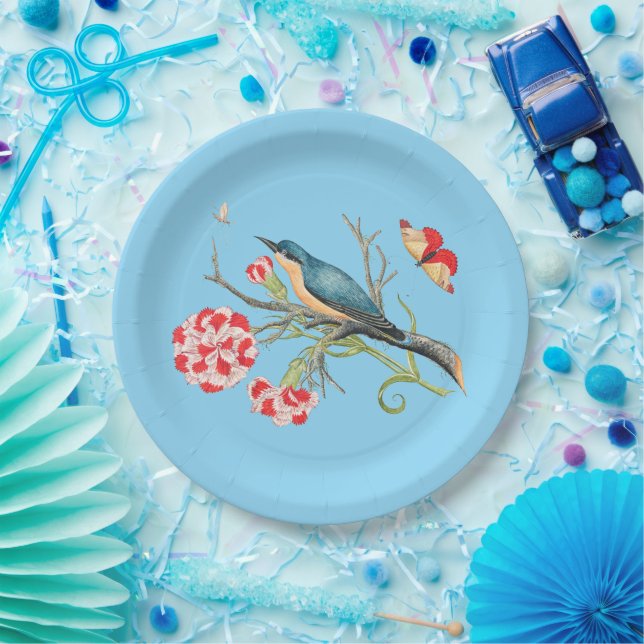 Bluebird on carnations, vintage illustration, paper plate (Party)