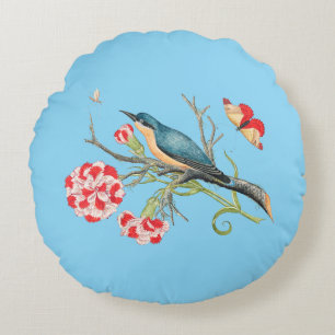 Bluebird on carnations, vintage illustration, round pillow
