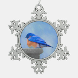 Bluebird Painting - Original Bird Art Snowflake Pewter Christmas Ornament