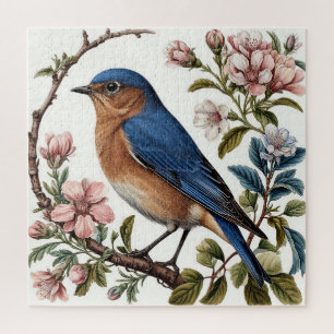 Bluebird Perched Among Blooming Flowers Jigsaw Puzzle