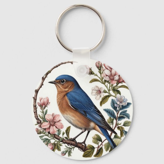 Bluebird Perched Among Blooming Flowers Keychain (Front)