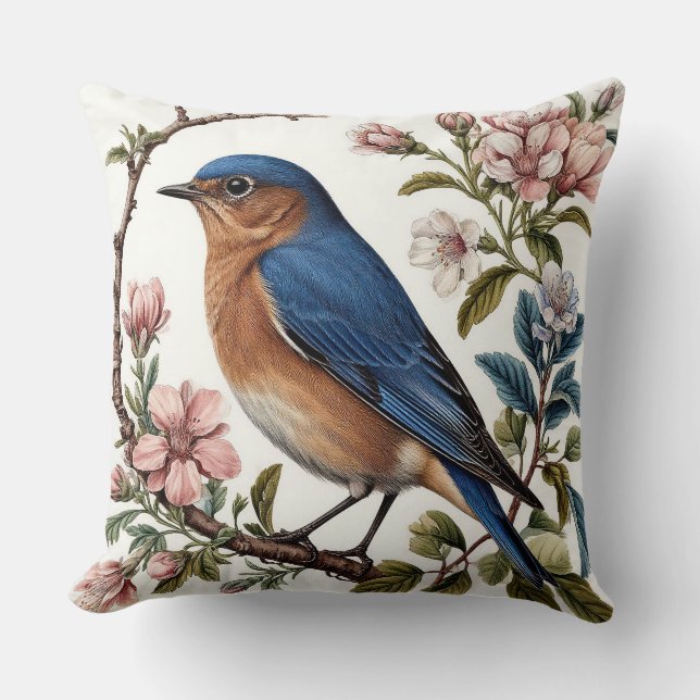 Bluebird Perched Among Blooming Flowers Throw Pillow (Front)