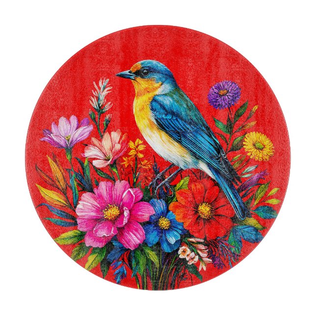 Bluebird Perched Among Colourful Spring Flowers Cutting Board (Front)