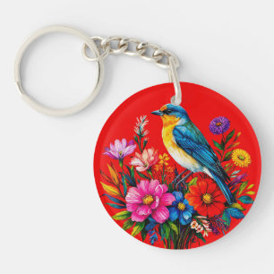 Bluebird Perched Among Colourful Spring Flowers Keychain